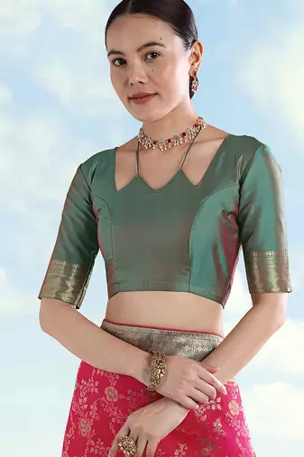 Olive green faux banarasi silk zari woven readymade blouse