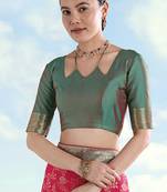 Olive green faux banarasi silk zari woven readymade blouse
