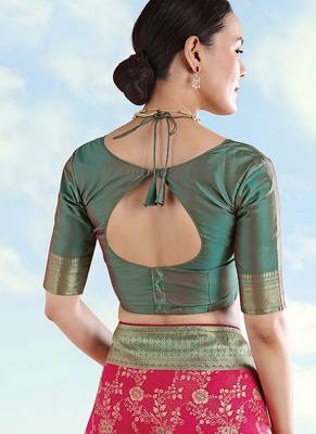 Olive green faux banarasi silk zari woven readymade blouse 2