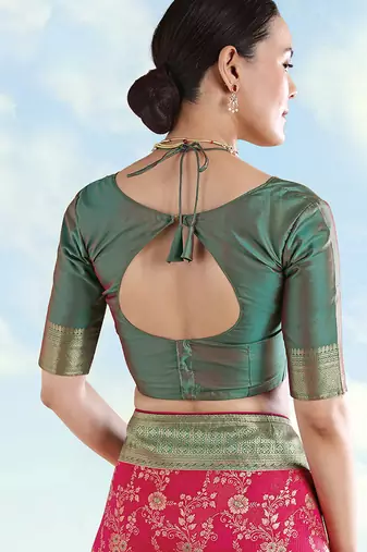 Olive green faux banarasi silk zari woven readymade blouse