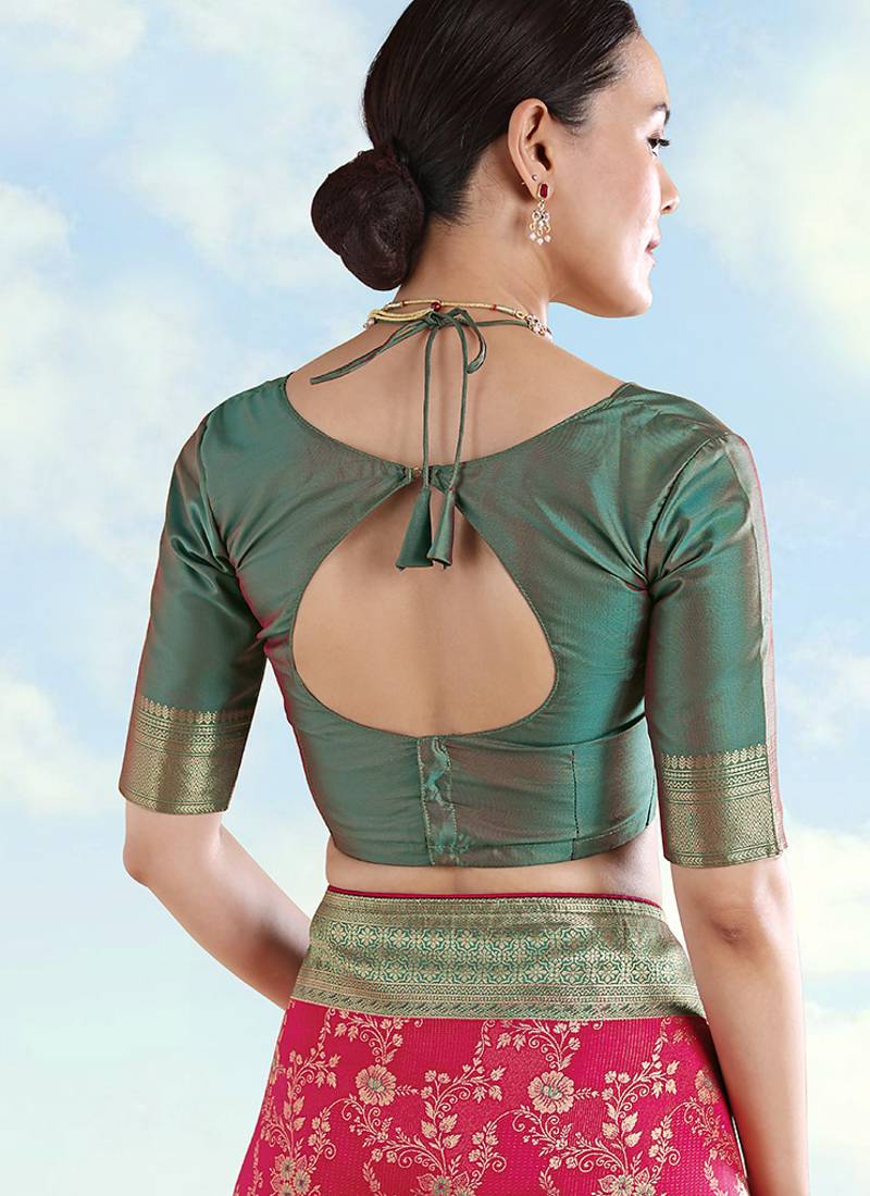Olive green faux banarasi silk zari woven readymade blouse