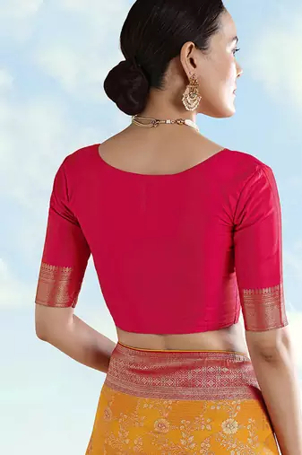 Rani pink faux banarasi silk zari woven readymade blouse