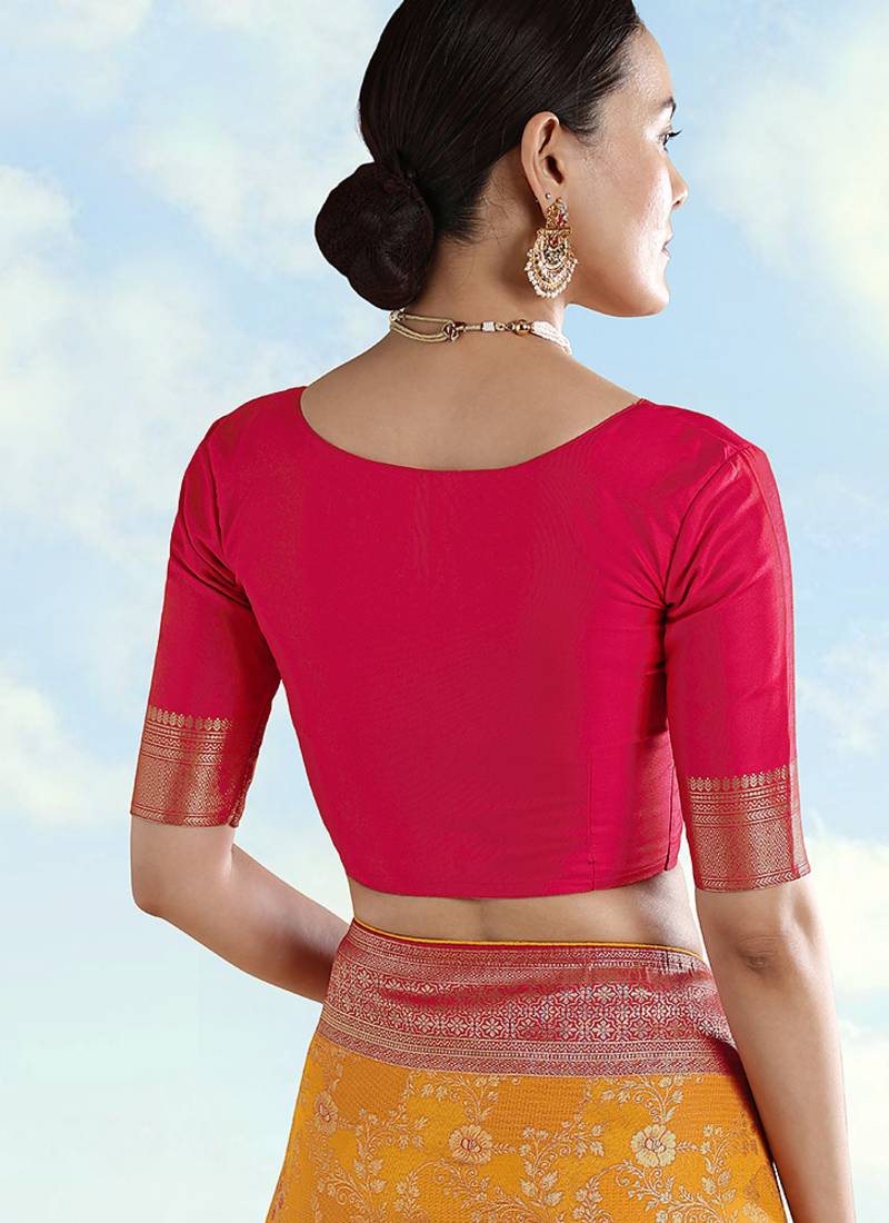 Rani pink faux banarasi silk zari woven readymade blouse