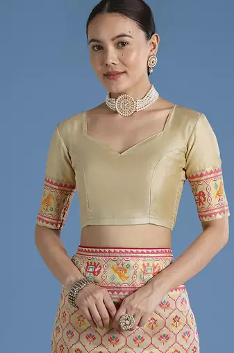 Cream faux banarasi satin silk readymade blouse
