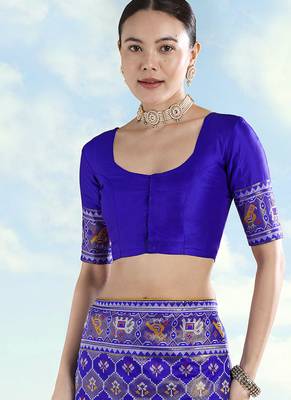 Navy blue faux banarasi satin silk readymade blouse 1