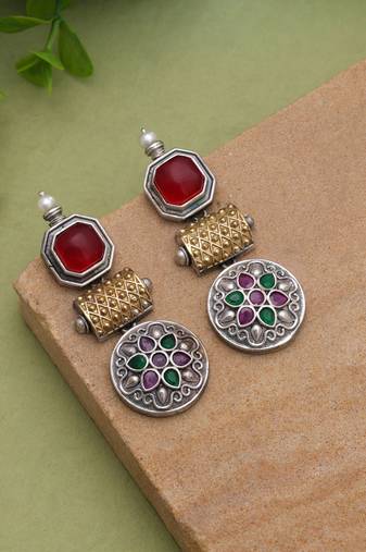 Maroon & green color dual tone oxidised earrings