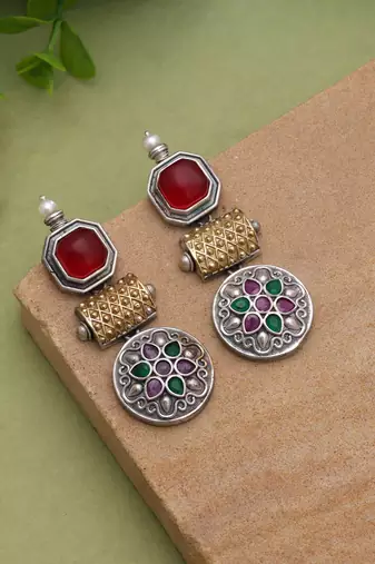 Maroon & green color dual tone oxidised earrings