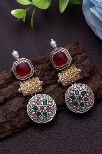Maroon & green color dual tone oxidised earrings
