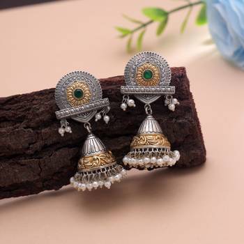 Green color dual tone oxidised earrings 1