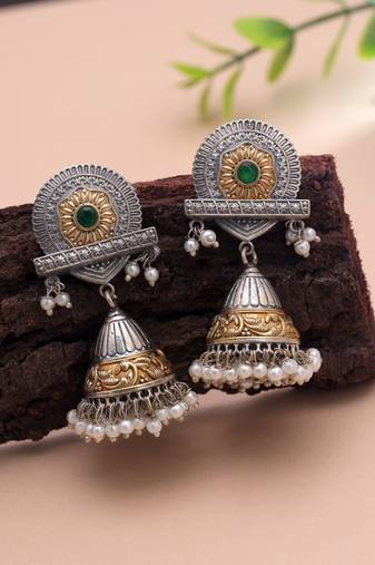 Green color dual tone oxidised earrings