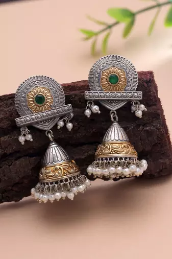 Green color dual tone oxidised earrings