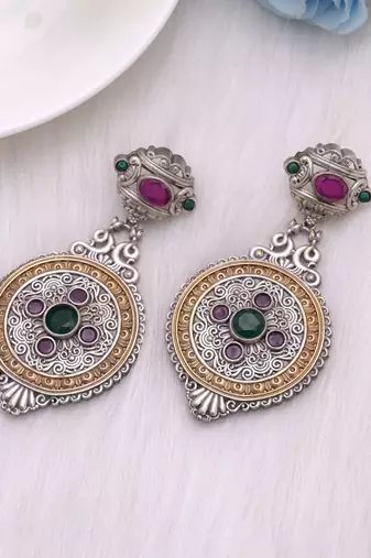 Rani & green color dual tone oxidised earrings