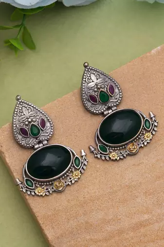 Green color dual tone oxidised earrings