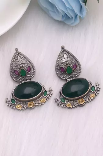 Green color dual tone oxidised earrings