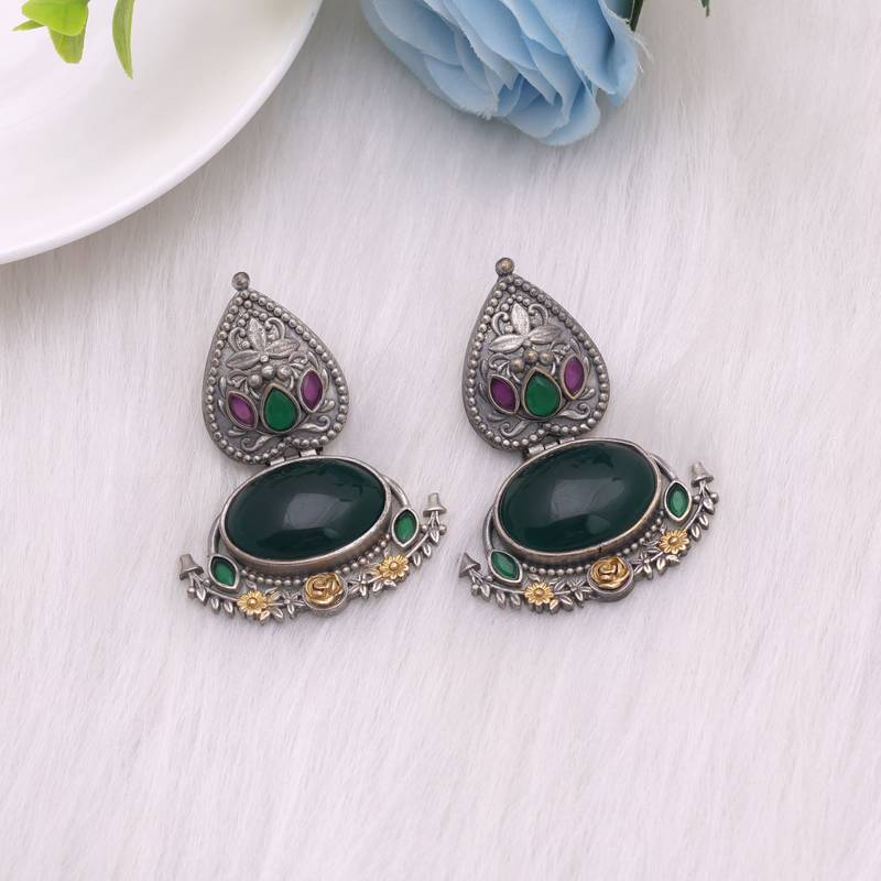 Green color dual tone oxidised earrings