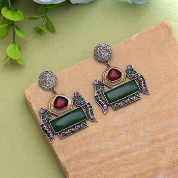 Maroon & green color dual tone oxidised earrings 1