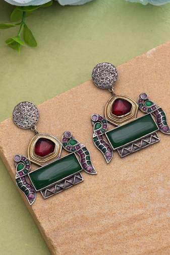 Maroon & green color dual tone oxidised earrings