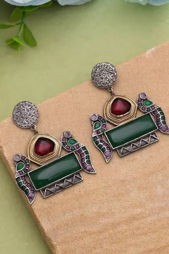 Maroon & green color dual tone oxidised earrings