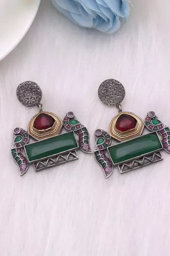 Maroon & green color dual tone oxidised earrings