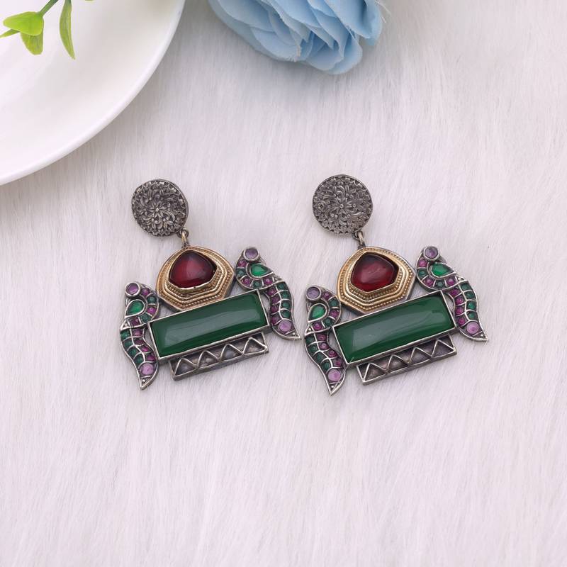 Maroon & green color dual tone oxidised earrings