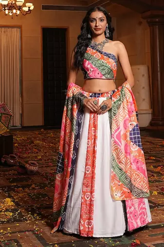 Women's Multi Crepe Printed Work Semi Stiched Lehenga Choli With Dupatta