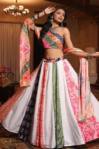 Women's Multi Crepe Printed Work Semi Stiched Lehenga Choli With Dupatta