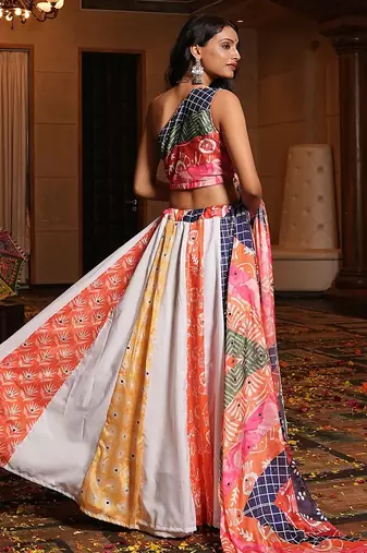 Women's Multi Crepe Printed Work Semi Stiched Lehenga Choli With Dupatta