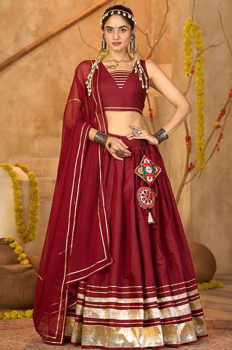 maroon lace work silk crepe navratri lehenga choli
