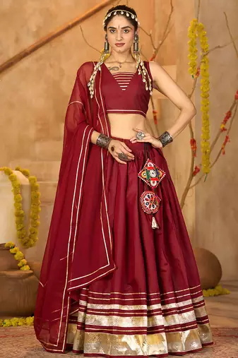 Women's Maroon Silk Crepe Lace Work Semi Stiched Lehenga Choli With Dupatta