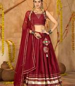 Women's Maroon Silk Crepe Lace Work Semi Stiched Lehenga Choli With Dupatta