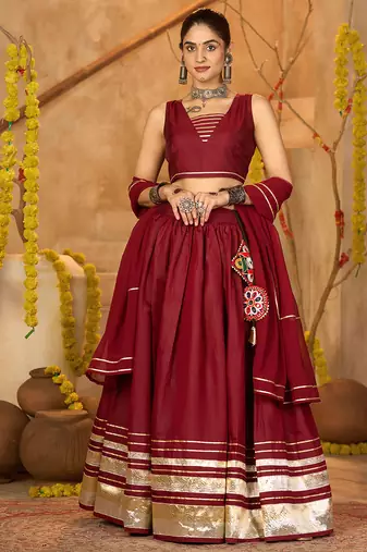 Women's Maroon Silk Crepe Lace Work Semi Stiched Lehenga Choli With Dupatta