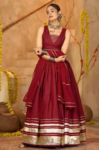 Women's Maroon Silk Crepe Lace Work Semi Stiched Lehenga Choli With Dupatta
