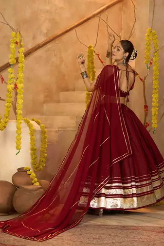 Women's Maroon Silk Crepe Lace Work Semi Stiched Lehenga Choli With Dupatta