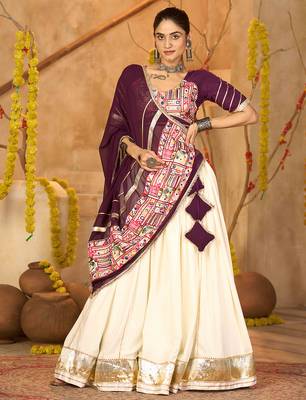off white mirror work crepe navratri lehenga choli 1