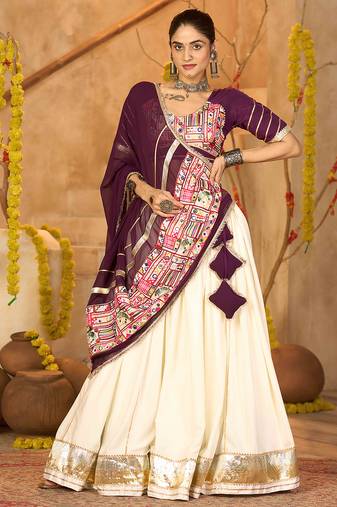 off white mirror work crepe navratri lehenga choli
