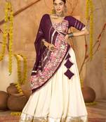 Women's Off White Crepe Traditional Kutchi Embroidery with Mirror Work Semi Stiched Lehenga Choli With Dupatta
