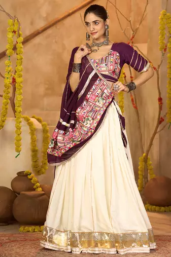 Women's Off White Crepe Traditional Kutchi Embroidery with Mirror Work Semi Stiched Lehenga Choli With Dupatta