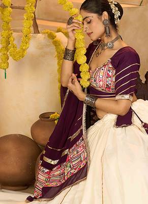 off white mirror work crepe navratri lehenga choli 3