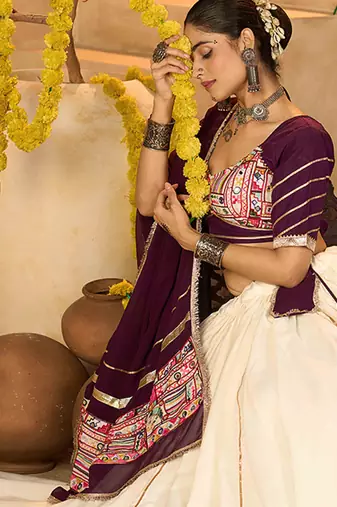 Women's Off White Crepe Traditional Kutchi Embroidery with Mirror Work Semi Stiched Lehenga Choli With Dupatta