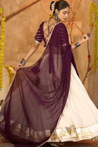 Women's Off White Crepe Traditional Kutchi Embroidery with Mirror Work Semi Stiched Lehenga Choli With Dupatta