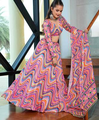 Women's Multi Chinnon Printed Work Semi Stiched Lehenga Choli With Dupatta 2