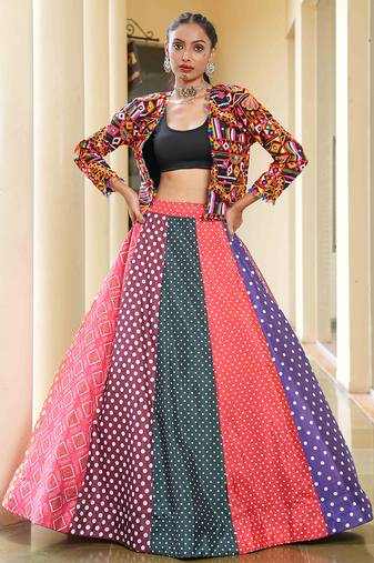Women's Multi Silk Crepe Embroidery and Printed  Semi Stiched Lehenga Choli With Dupatta