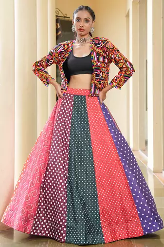 Women's Multi Silk Crepe Embroidery and Printed  Semi Stiched Lehenga Choli With Dupatta
