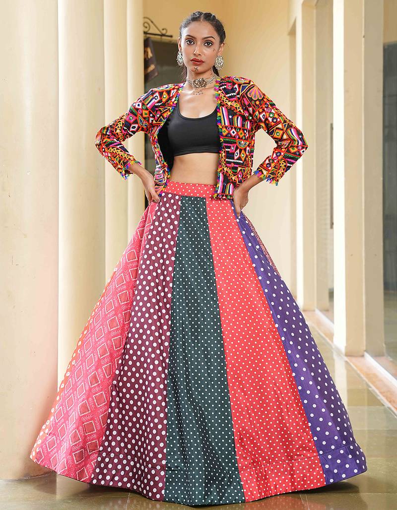 Women's Multi Silk Crepe Embroidery and Printed  Semi Stiched Lehenga Choli With Dupatta