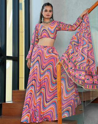 Women's Multi Chinnon Printed Work Semi Stiched Lehenga Choli With Dupatta 3
