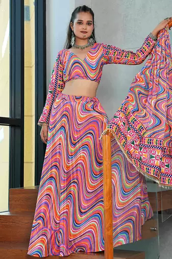 Women's Multi Chinnon Printed Work Semi Stiched Lehenga Choli With Dupatta