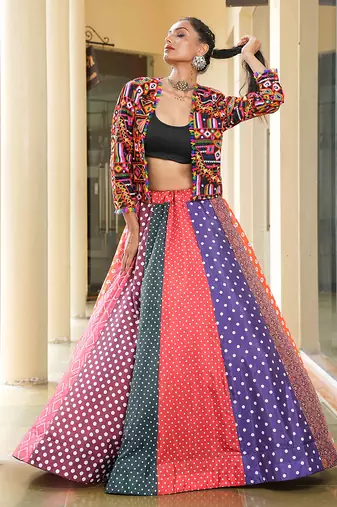 Women's Multi Silk Crepe Embroidery and Printed  Semi Stiched Lehenga Choli With Dupatta