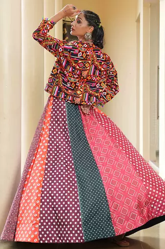 Women's Multi Silk Crepe Embroidery and Printed  Semi Stiched Lehenga Choli With Dupatta