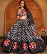 Women's Black Crepe Embroidery and Printed  Semi Stiched Lehenga Choli With Dupatta