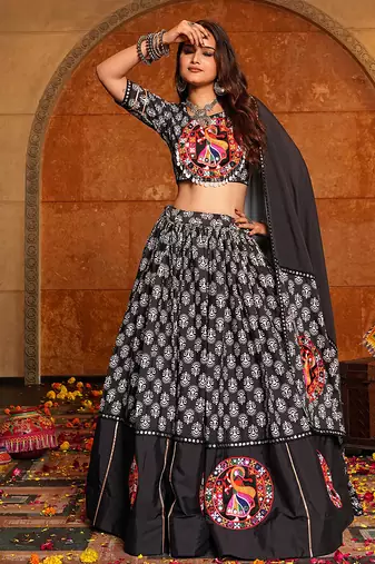 Women's Black Crepe Embroidery and Printed  Semi Stiched Lehenga Choli With Dupatta